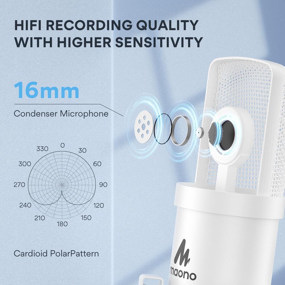 MAONO USB Condenser Microphone, 192kHz/24bit, Plug & Play, PC Podcast, DEMO