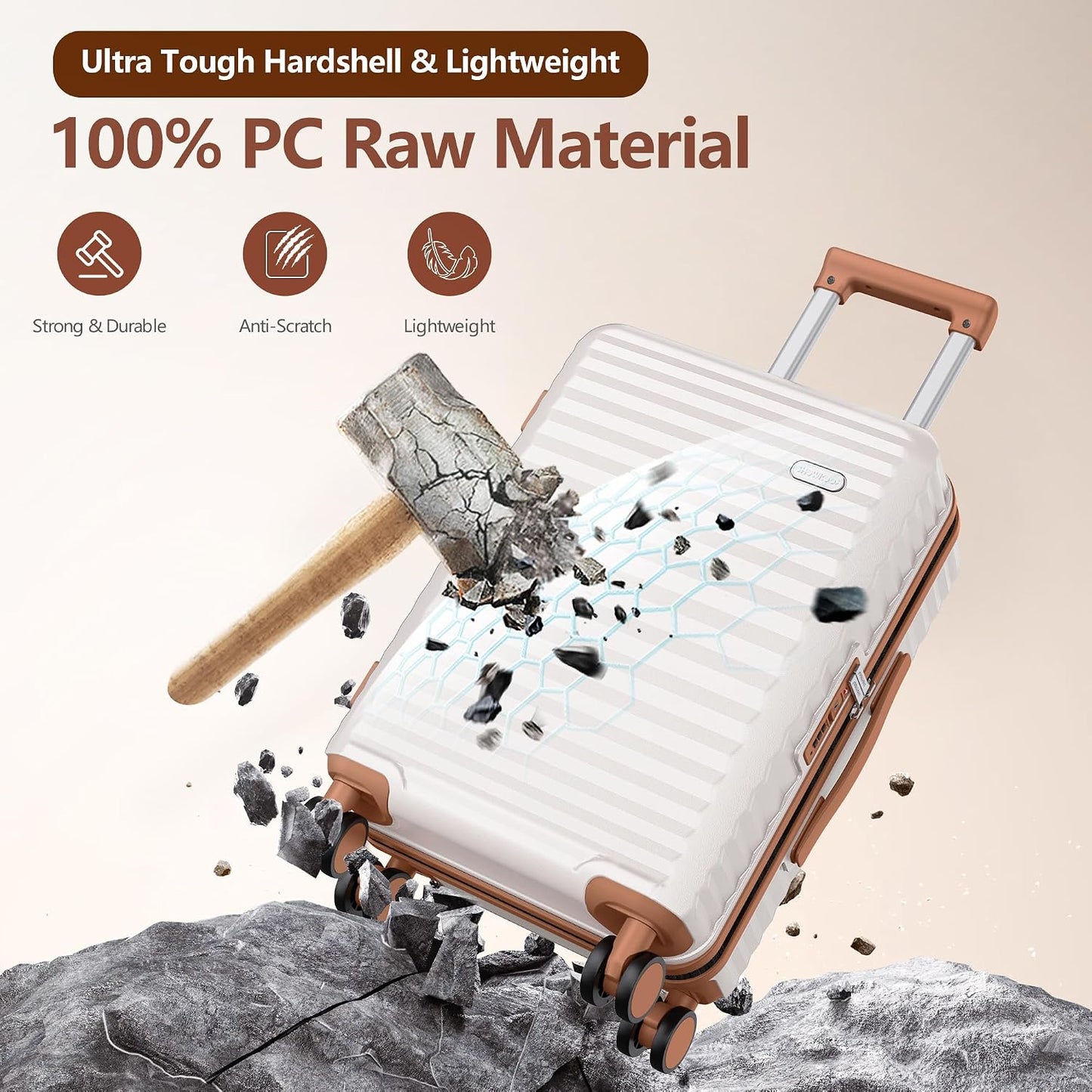 SHOWKOO 3PCS Hardside Expandable Luggage Set Beige White Suitcase DEMO