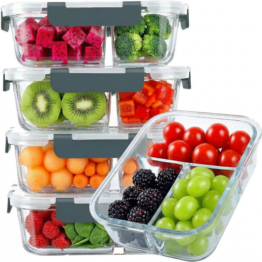 NastNoon 5-Pack Container Sets Glass Meal Prep Containers, 3-Compartment, NEW