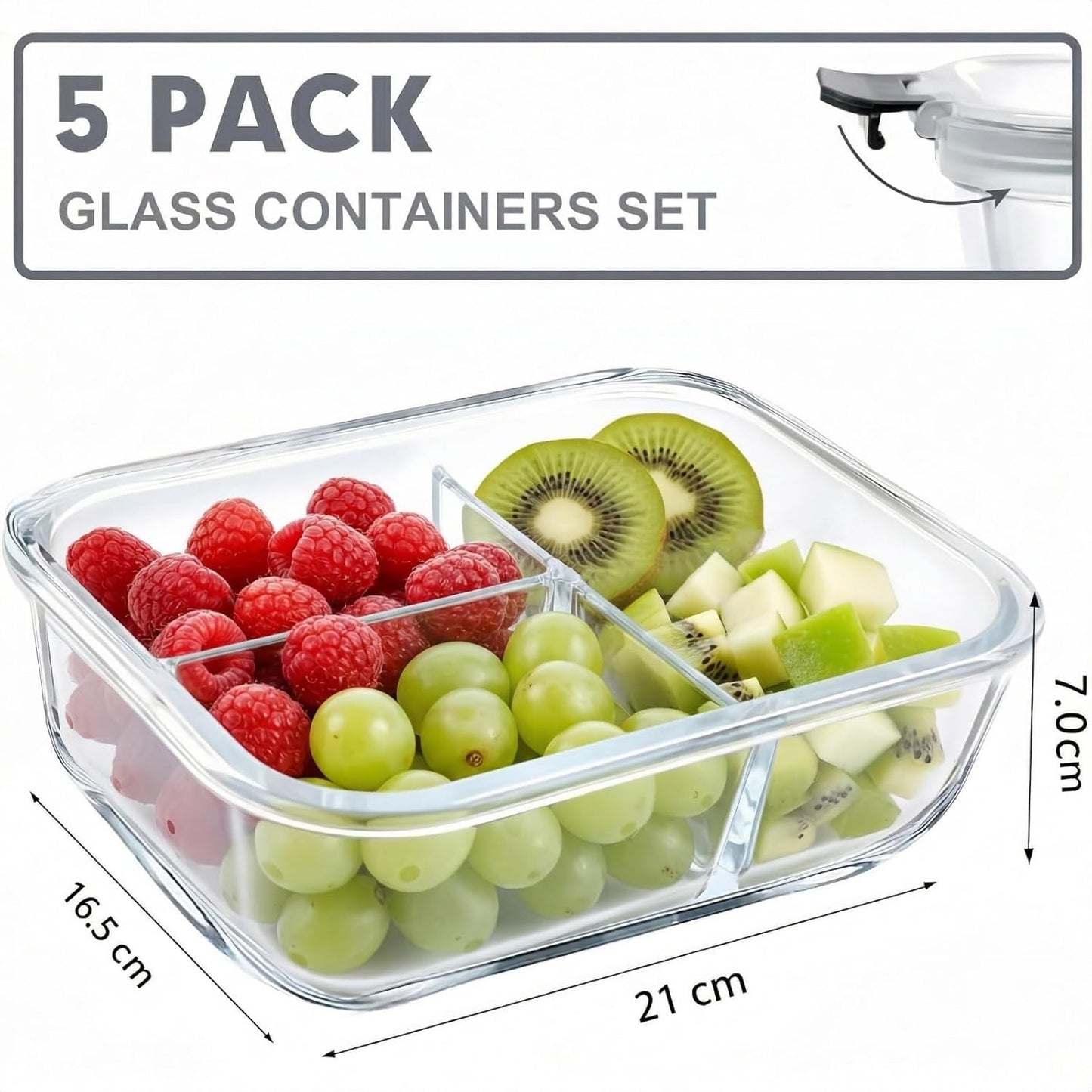 NastNoon 5-Pack Container Sets Glass Meal Prep Containers, 3-Compartment, NEW