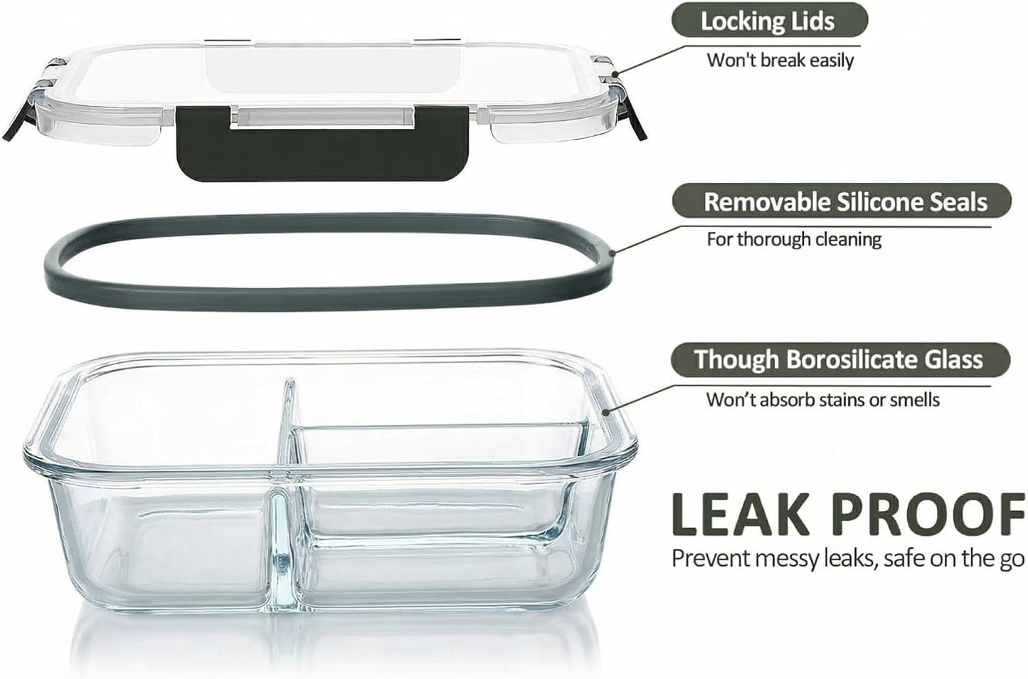 NastNoon 5-Pack Container Sets Glass Meal Prep Containers, 3-Compartment, NEW