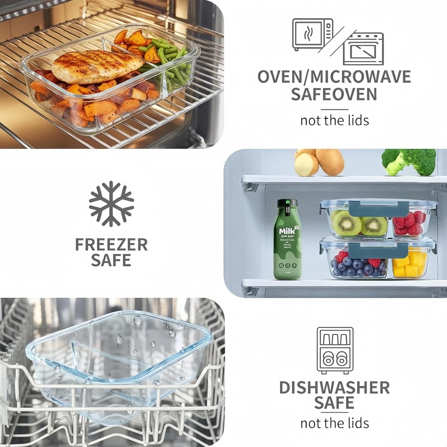 NastNoon 5-Pack Container Sets Glass Meal Prep Containers, 3-Compartment, NEW