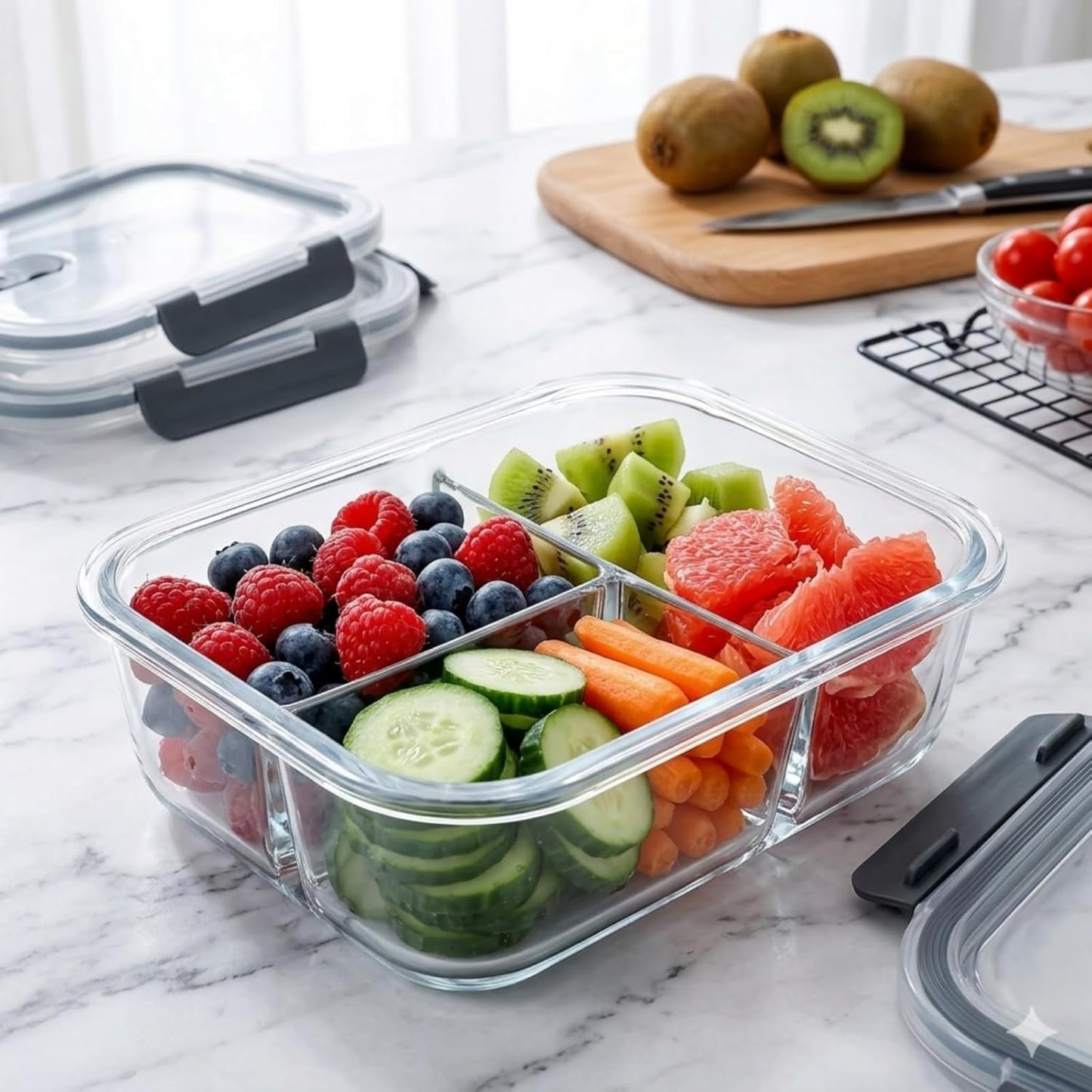 NastNoon 5-Pack Container Sets Glass Meal Prep Containers, 3-Compartment, NEW
