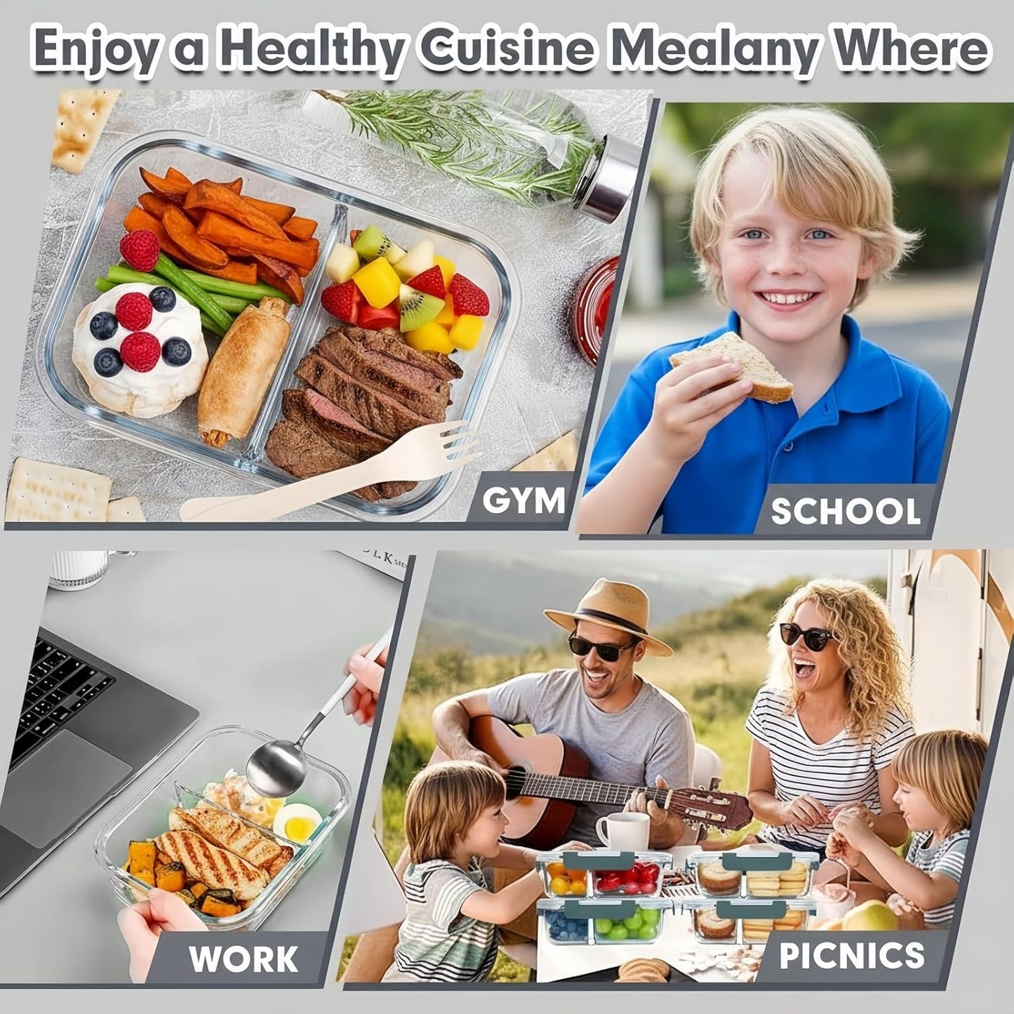 NastNoon 5-Pack Container Sets Glass Meal Prep Containers, 3-Compartment, NEW