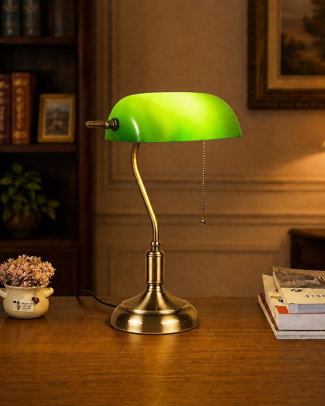 KSUCTE Retro Desk Lamp with Green Glass Shade and Polished Brass Metal Base DEMO