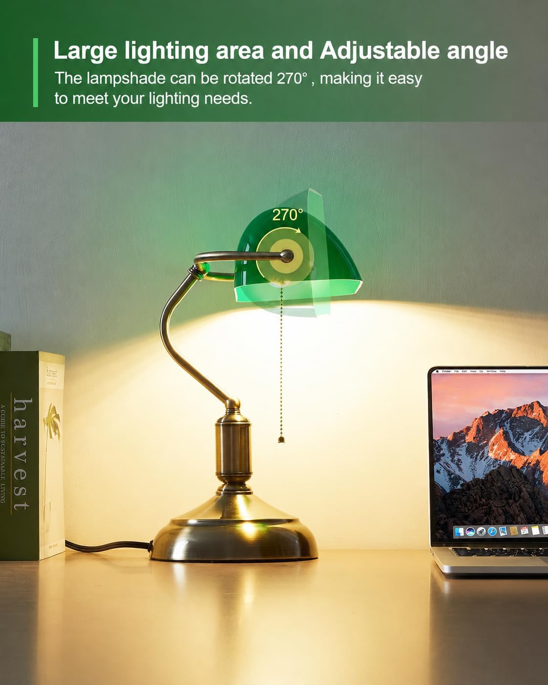 KSUCTE Retro Desk Lamp with Green Glass Shade and Polished Brass Metal Base DEMO