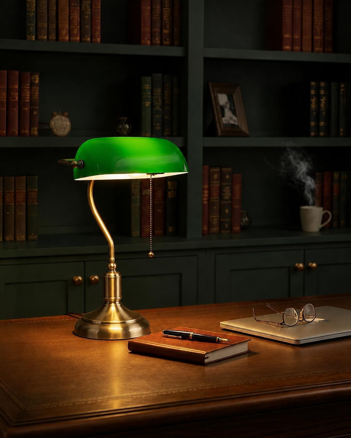 KSUCTE Retro Desk Lamp with Green Glass Shade and Polished Brass Metal Base DEMO