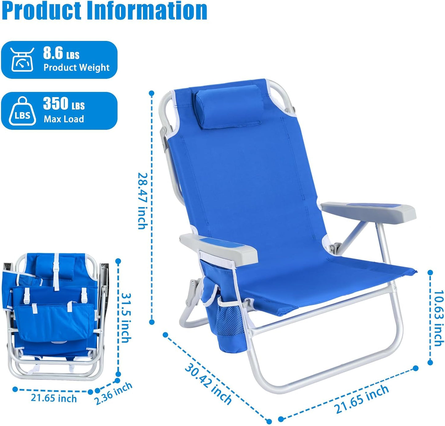 SunnyFeel Outdoor Chairs Folding Lounge Chair Reclining 5 Position Blue 78 DEMO