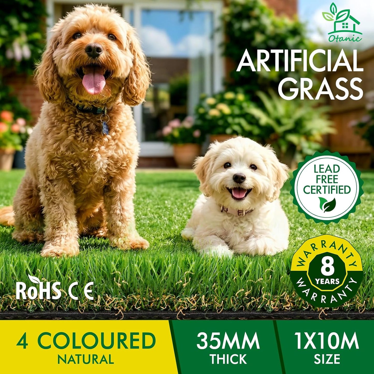 OTANIC Artificial Yarn Grass 1x10m Synthetic Turf 35mm Pile Height 4-Tone NEW