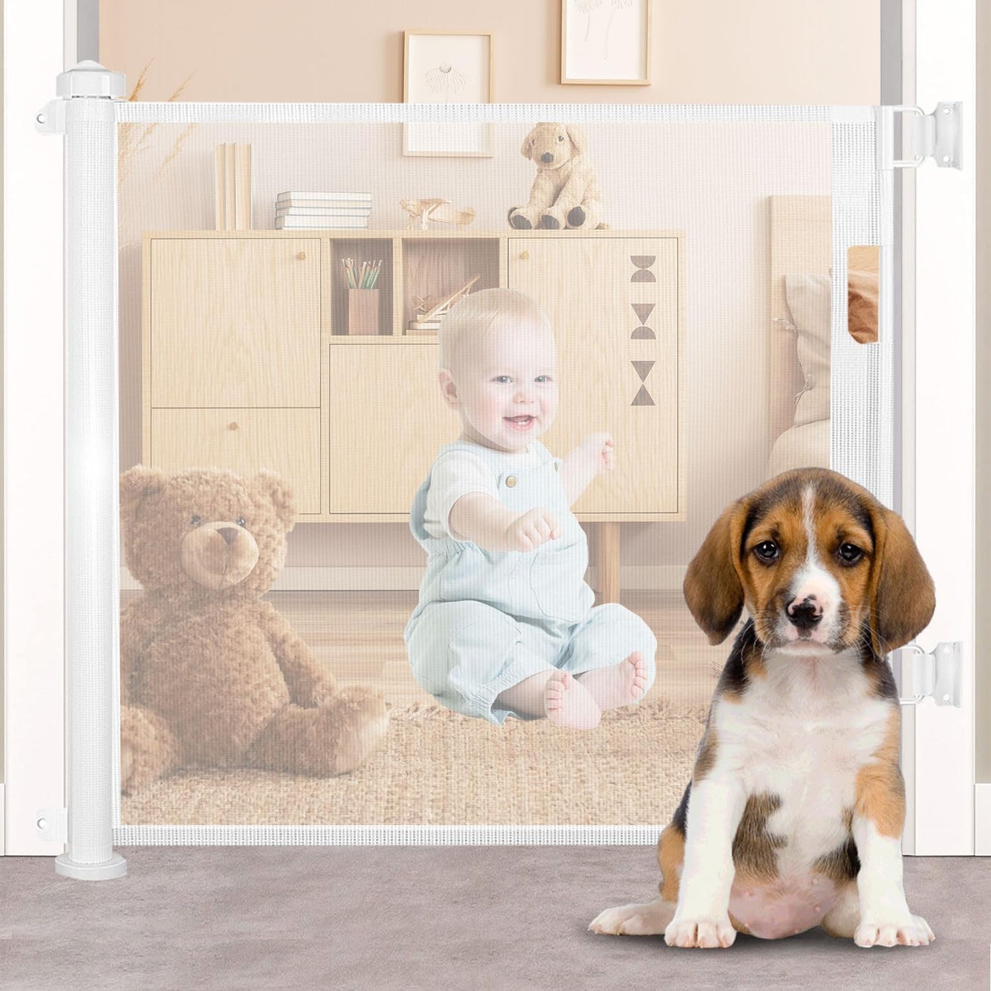 DoxCot Retractable Baby Gate Extends to 118" Wide Mesh Door & Stair Gates DEMO