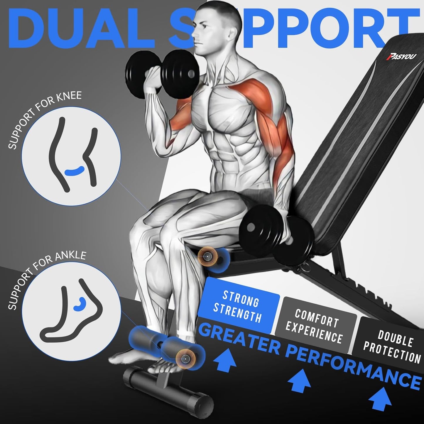 PASYOU Adjustable Weight Bench for Full Body Workout, Foldable Incline DEMO