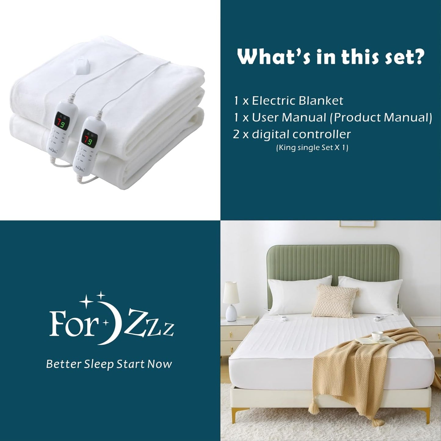 ForZzz Electric Mattress Pad Blanket with Dual Control and Auto-Off White NEW
