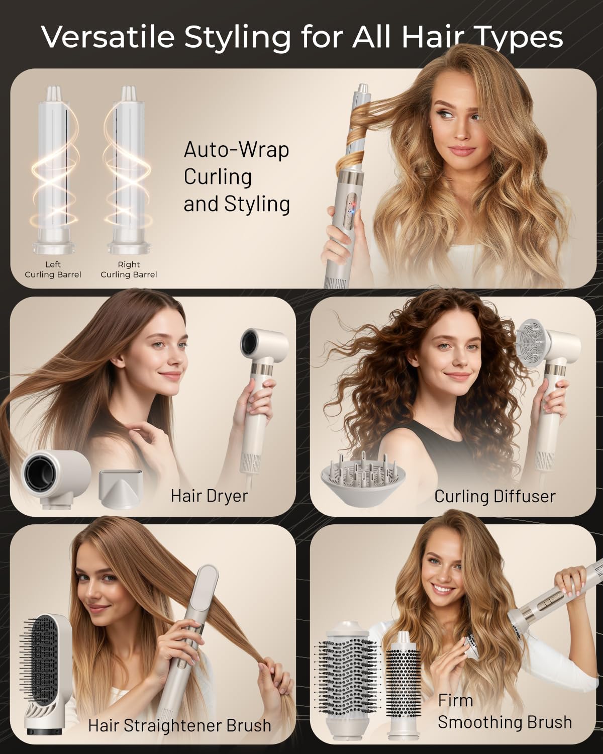 AUSELECT 8-in-1 Hot Air Styler & Hair Dryer Brush Negative Ion Fast Drying NEW