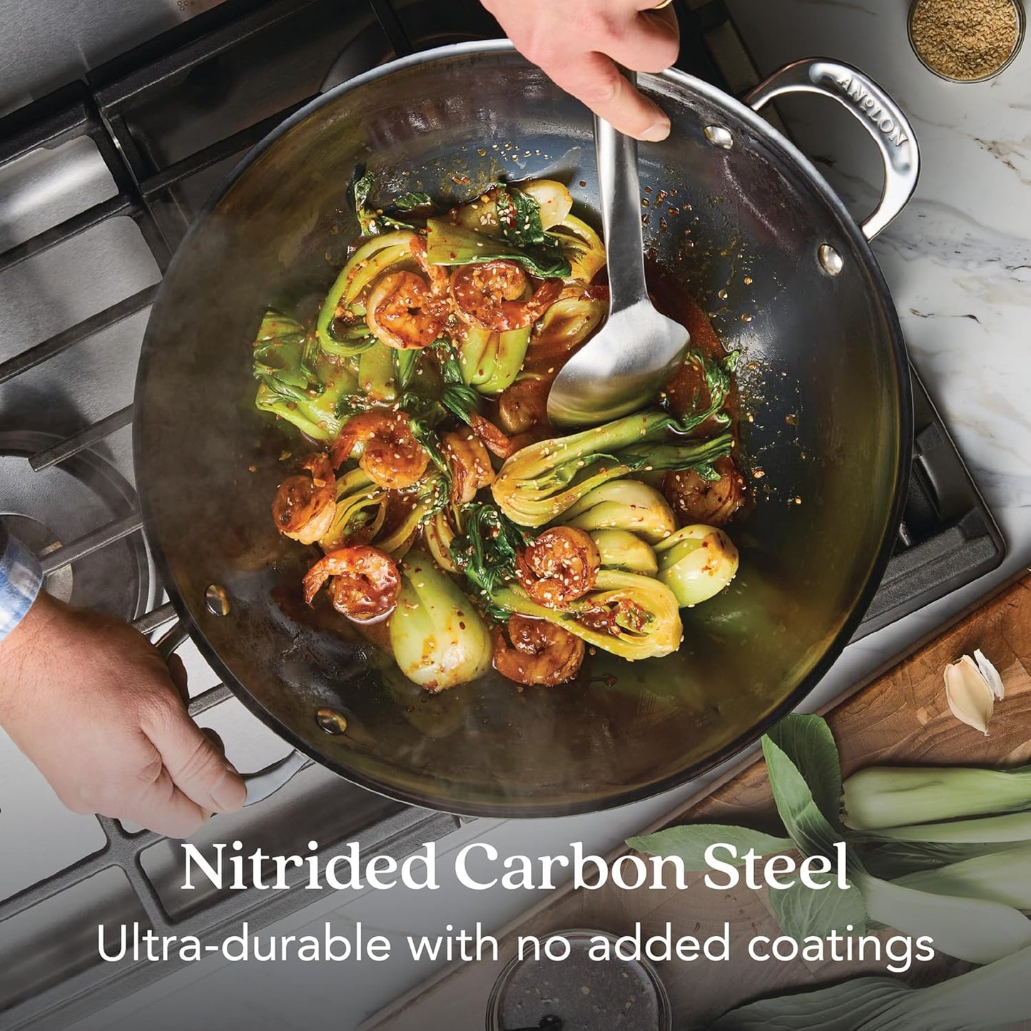 Anolon Carbon Woks Steel Wok 36cm Nonstick Induction Compatible Stir Fry NEW