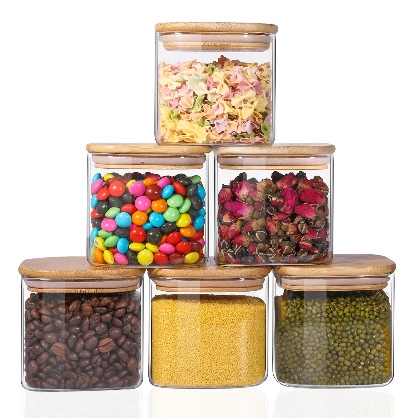 Liuruiyu Glass Food Storage Jars, 6 Square 27oz Containers, Airtight Lids DEMO