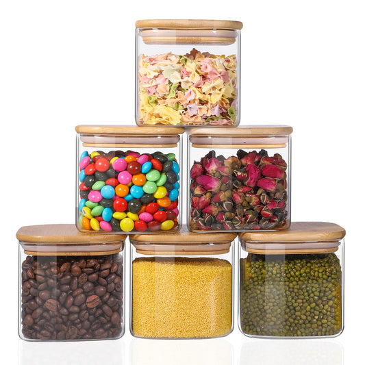 Liuruiyu Glass Food Storage Jars, 6 Square 27oz Containers, Airtight Lids DEMO