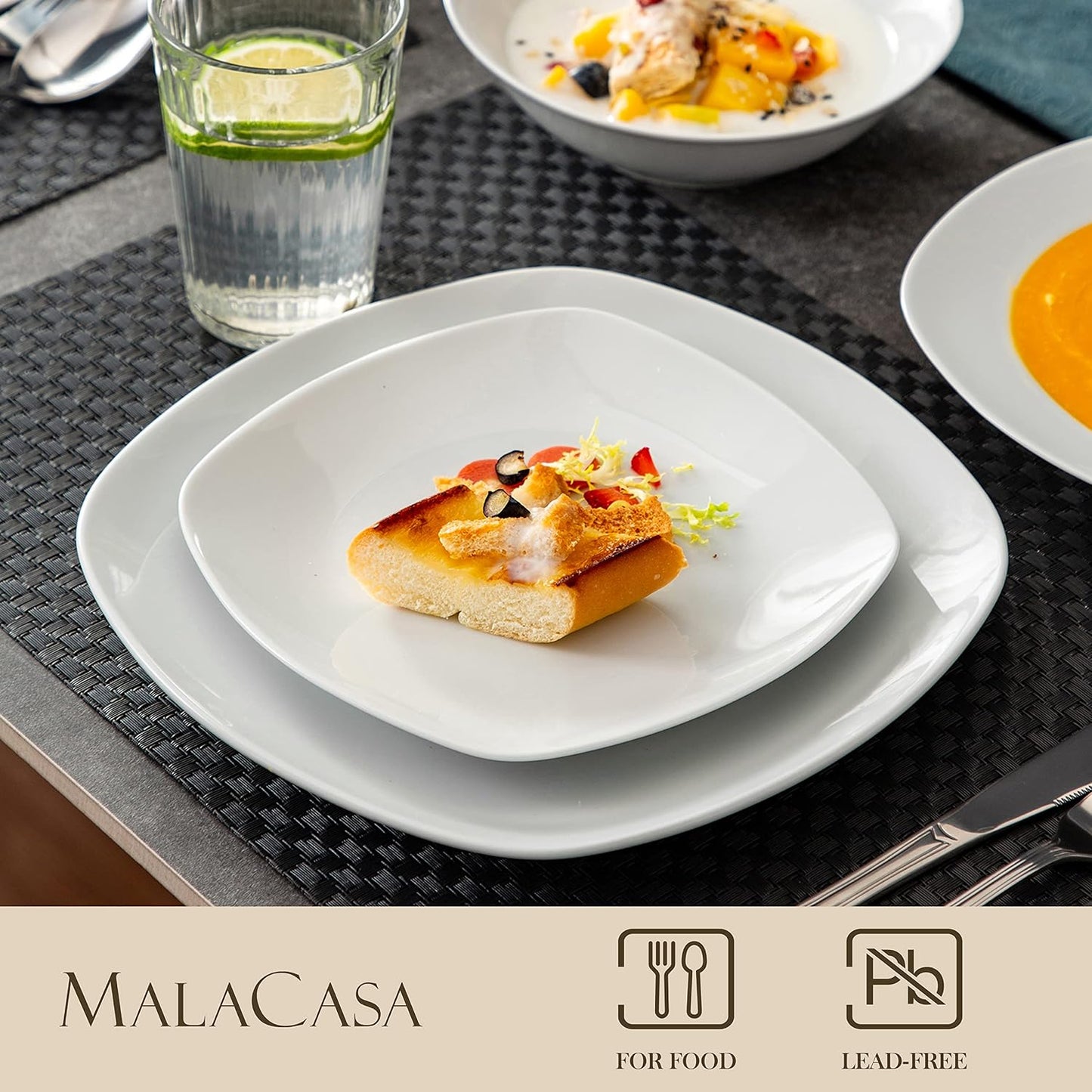 MALACASA Elisa 24-Piece Ivory White Porcelain Dinnerware Set Bowls & Plates DEMO