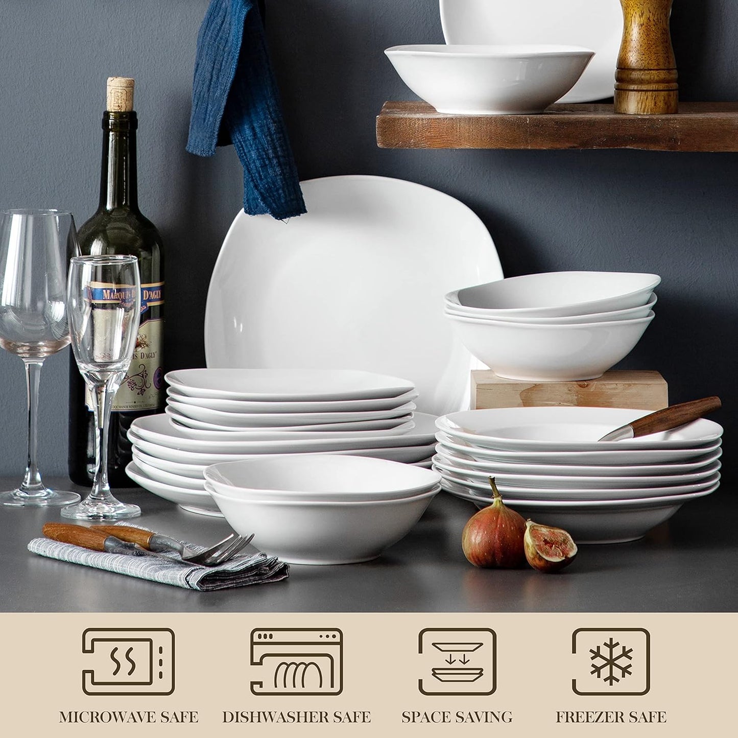 MALACASA Elisa 24-Piece Ivory White Porcelain Dinnerware Set Bowls & Plates DEMO