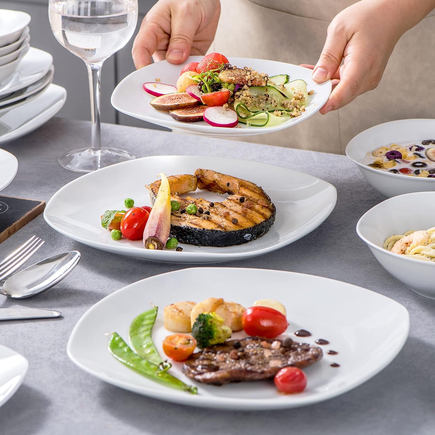 MALACASA Elisa 24-Piece Ivory White Porcelain Dinnerware Set Bowls & Plates DEMO