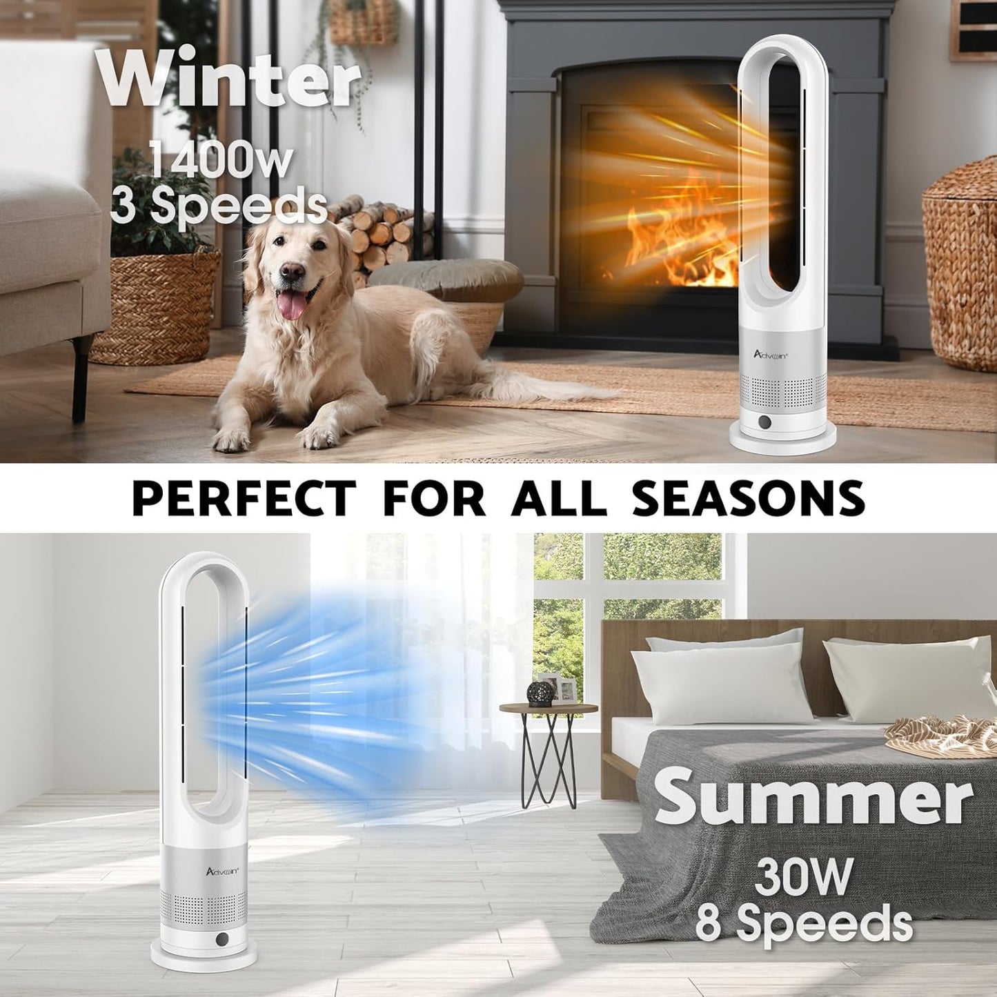 ADVWIN 2-in-1 Electric Tower Fan Heater with 8 Cold & 3 Warm Speeds Silver DEMO