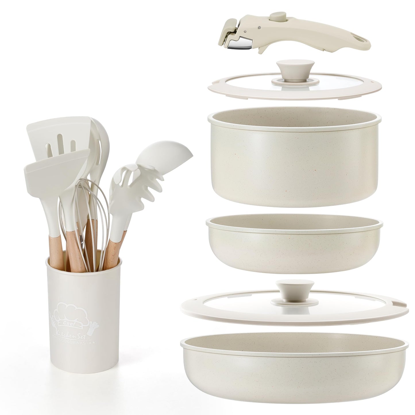 IPOW 15-Piece Pot and Pan Set Nonstick Cookware Aluminum White Standard NEW