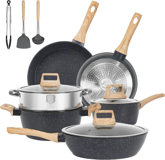 Segden 12-Piece Non-Stick Granite Cookware Set - Black Pots and Pans for DEMO