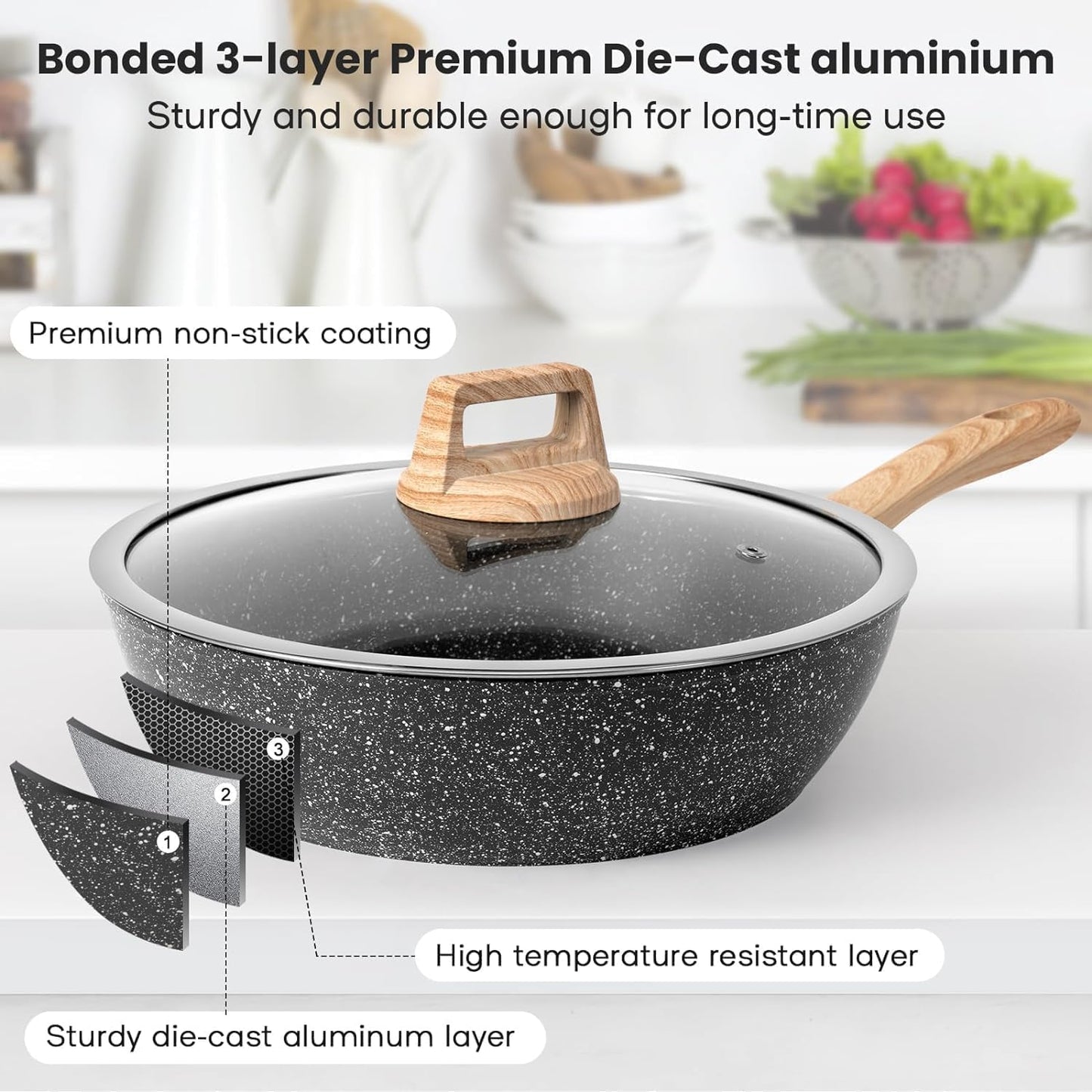 Segden 12-Piece Non-Stick Granite Cookware Set - Black Pots and Pans for DEMO