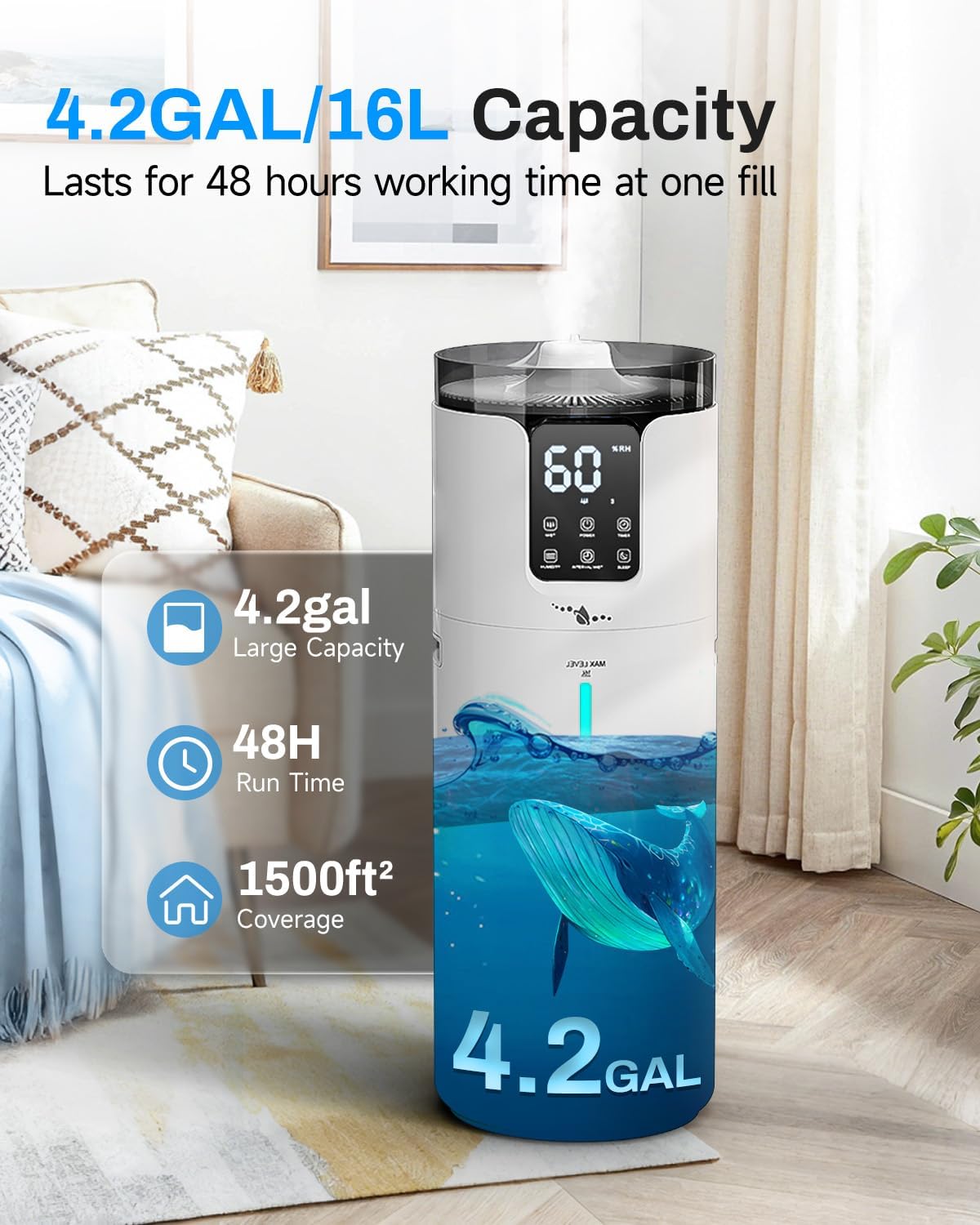 UXIKAPEEN Large Room Whole House Humidifier 16L Top Fill Cool Mist NEW