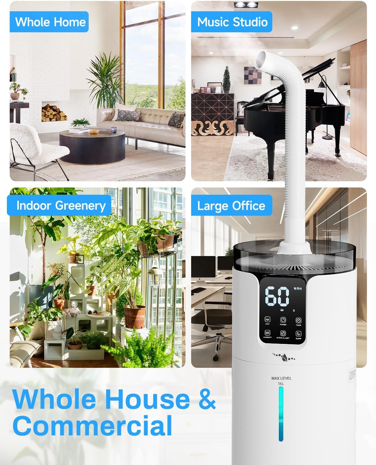 UXIKAPEEN Large Room Whole House Humidifier 16L Top Fill Cool Mist NEW