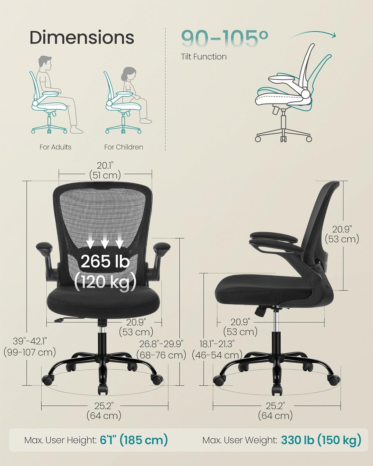 SONGMICS Ergonomic Office Desk Chair Swivel with Mesh Black Size 64 x 107 DEMO