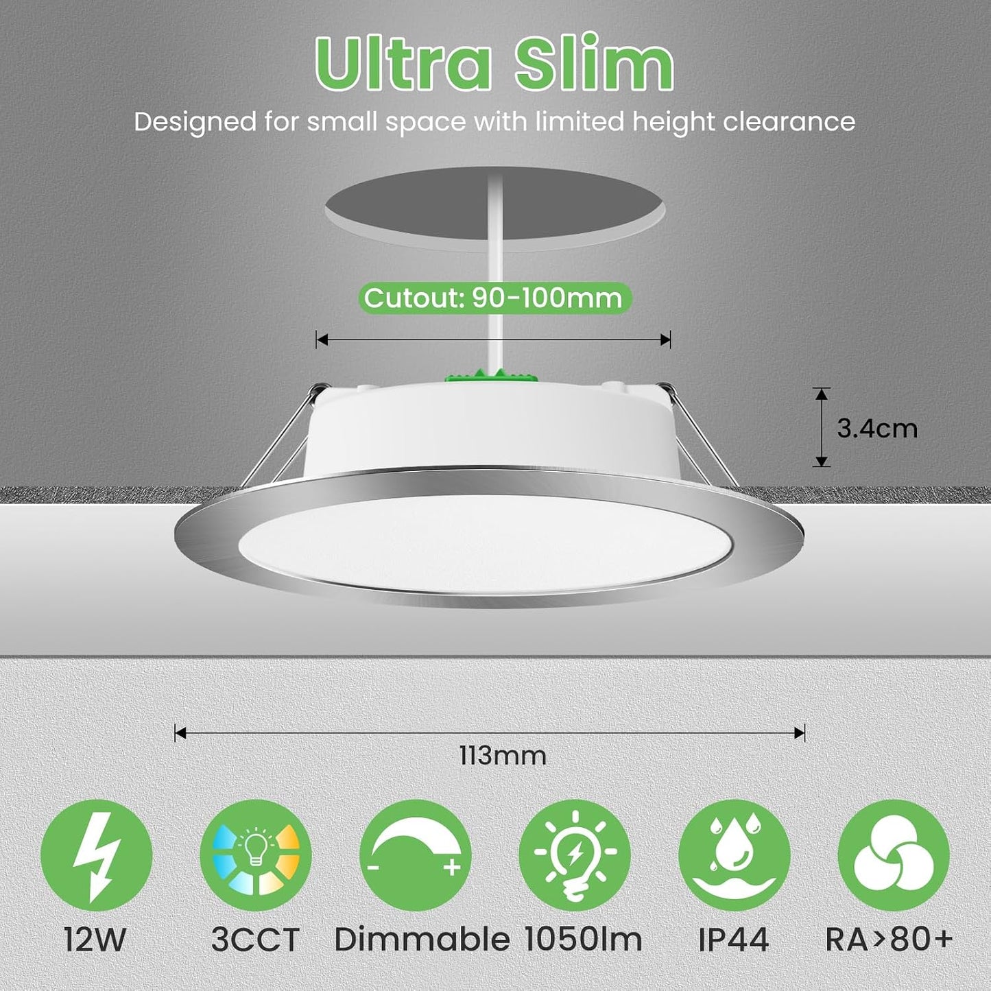 ALUSSO 12W Dimmable LED Downlight, Nickel Finish, 90-100mm Cutout NEW