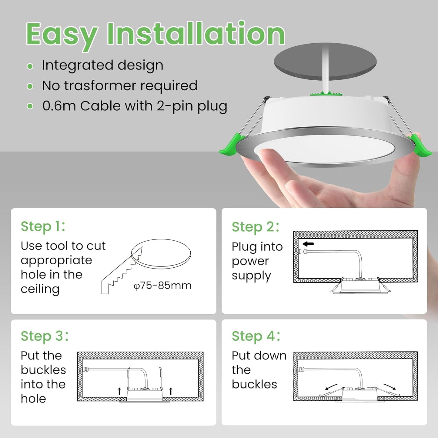 ALUSSO 12W Dimmable LED Downlight, Nickel Finish, 90-100mm Cutout NEW