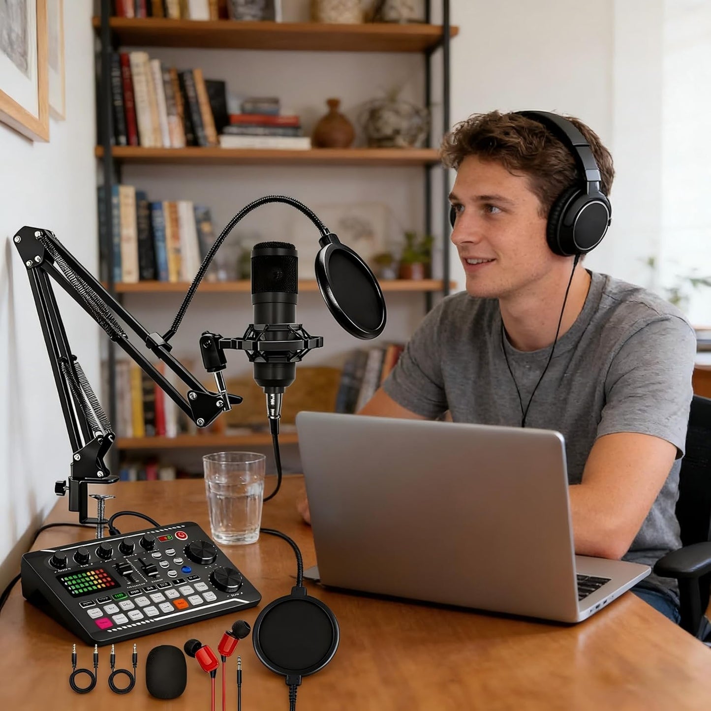 Aeokyzds Black Condenser Microphone Kit with Audio Mixer and Desktop Stand DEMO