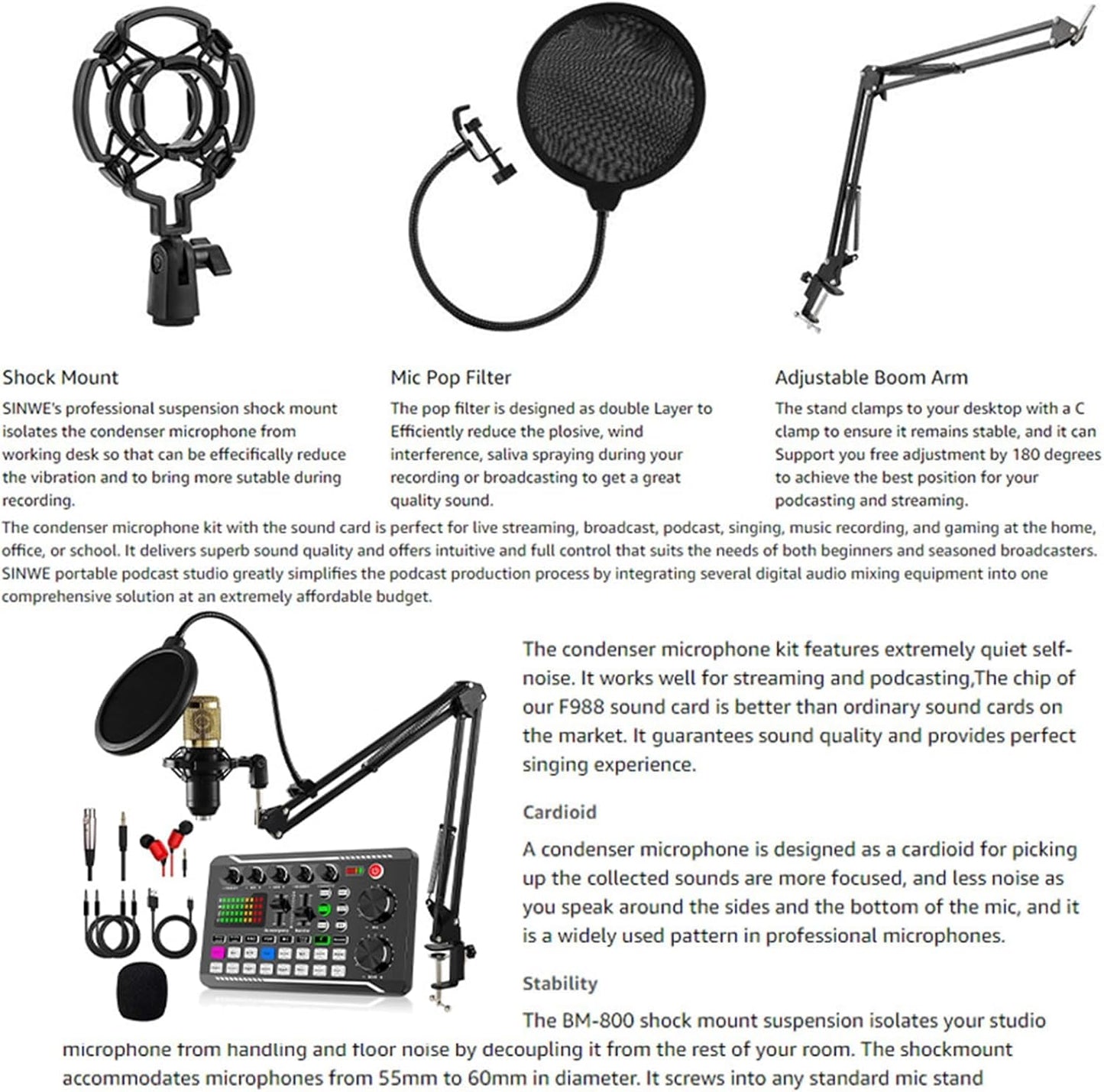 Aeokyzds Black Condenser Microphone Kit with Audio Mixer and Desktop Stand DEMO