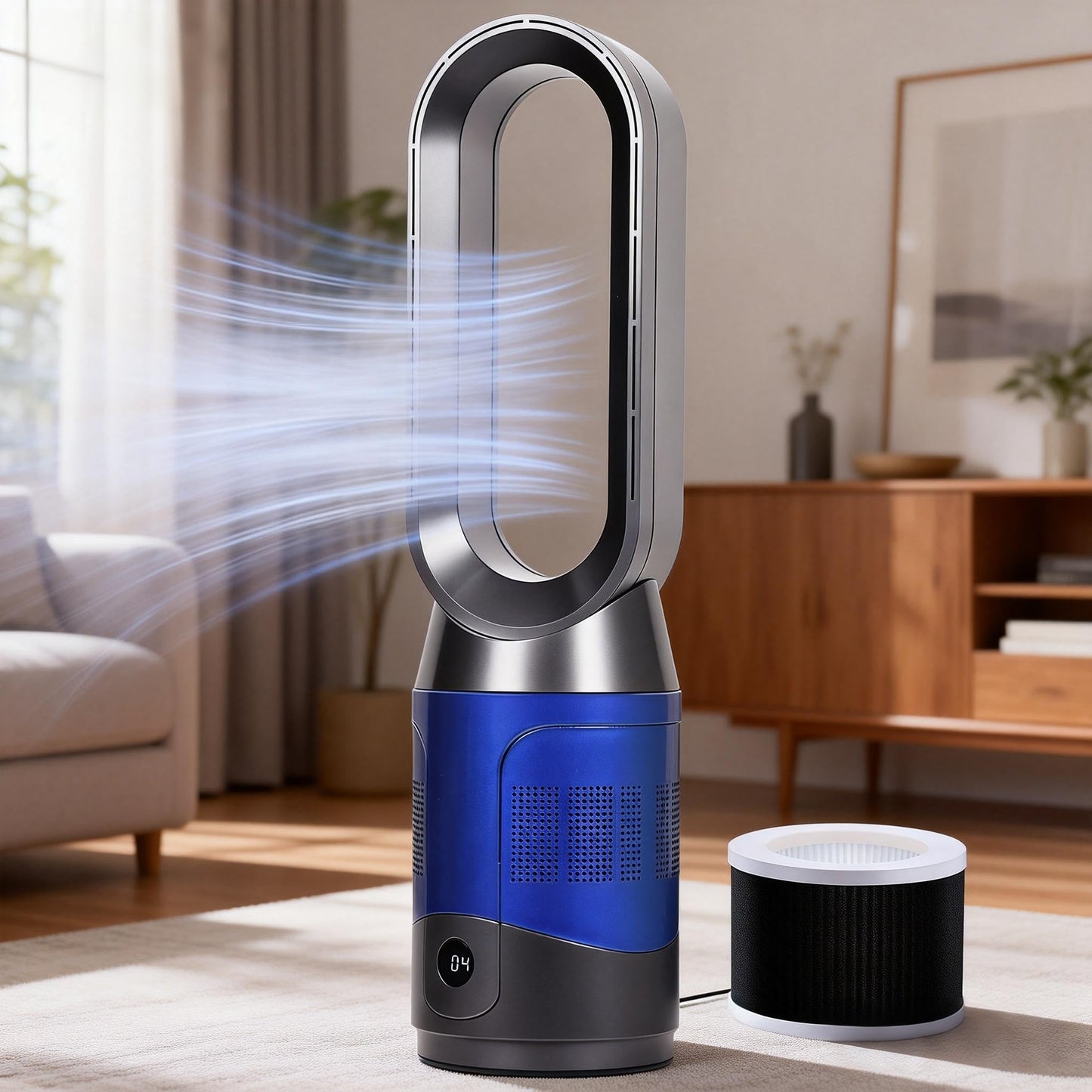 ADVWIN Bladeless Air Purifier Tower Fan with HEPA 8-Speed, Blue for Home NEW