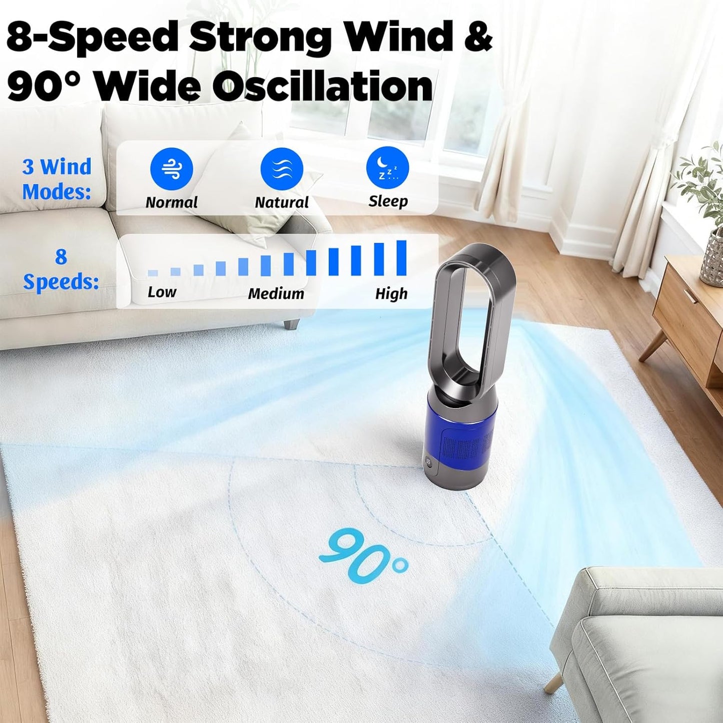 ADVWIN Bladeless Air Purifier Tower Fan with HEPA 8-Speed, Blue for Home NEW