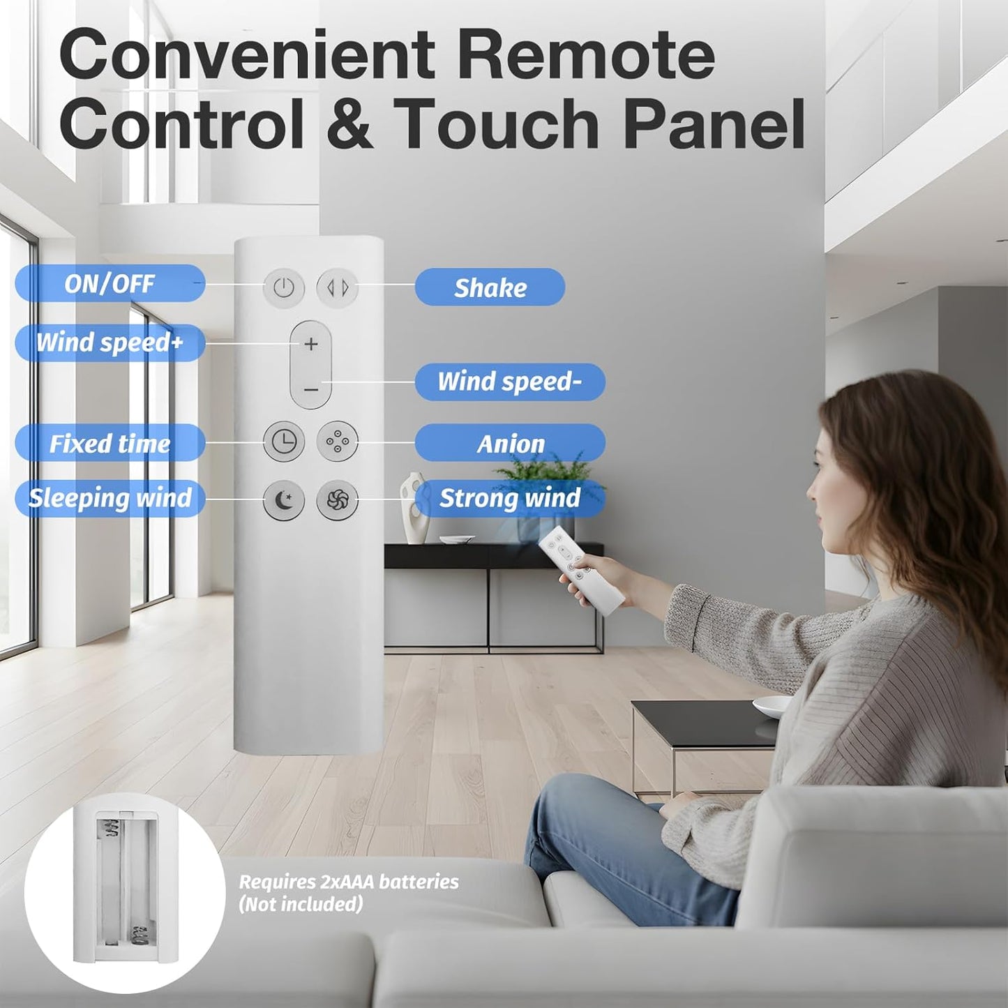 ADVWIN Bladeless Air Purifier Tower Fan with HEPA 8-Speed, Blue for Home NEW
