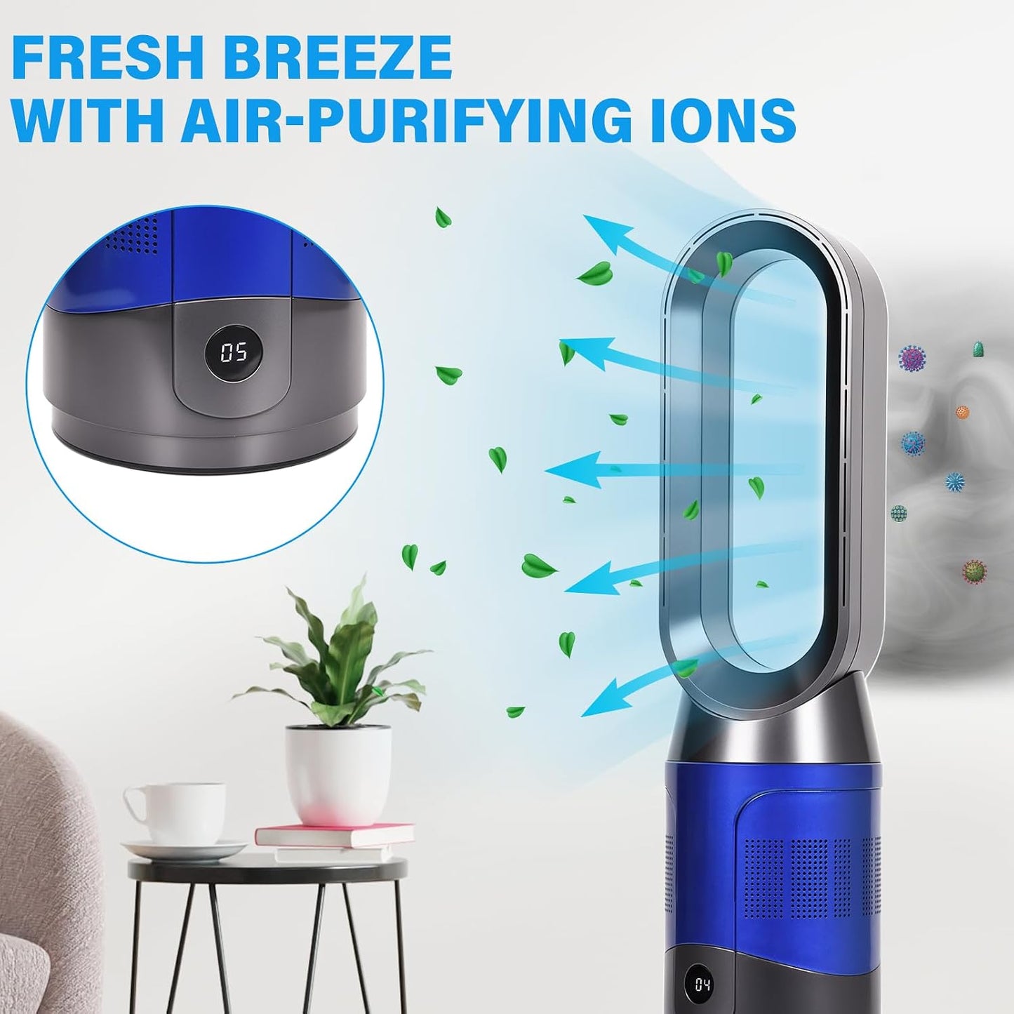 ADVWIN Bladeless Air Purifier Tower Fan with HEPA 8-Speed, Blue for Home NEW