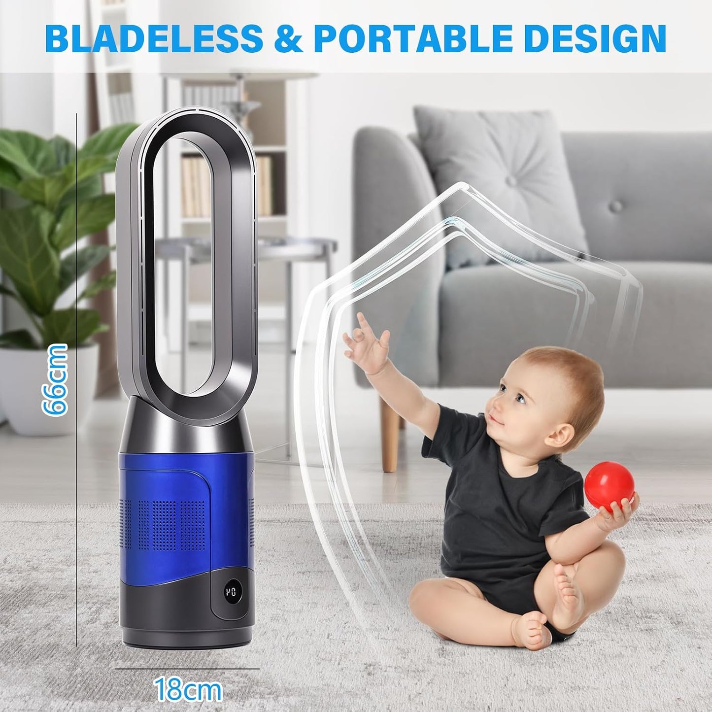 ADVWIN Bladeless Air Purifier Tower Fan with HEPA 8-Speed, Blue for Home NEW