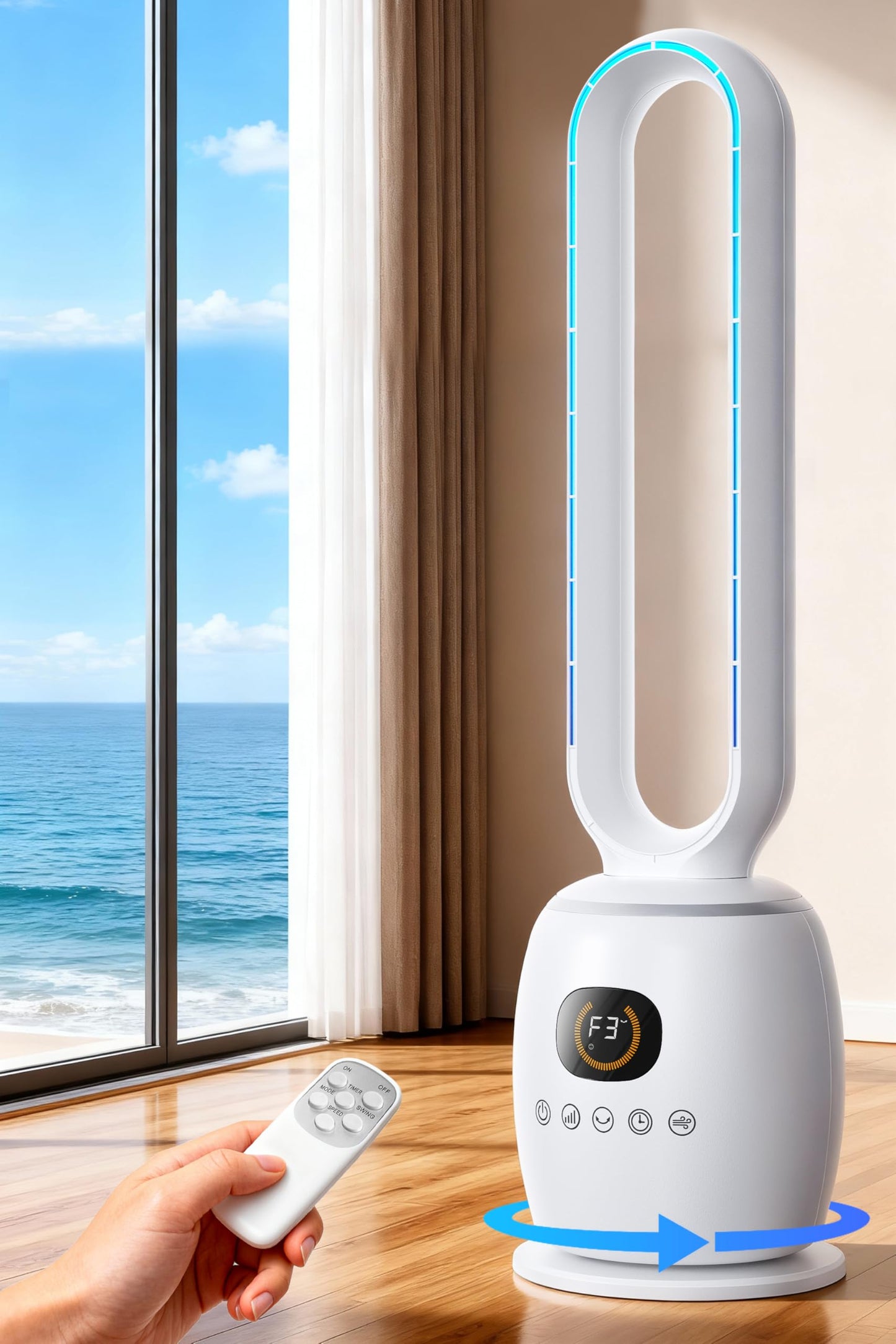 STORM HERO Quiet Oscillating Tower Fan with Remote, Timer, Large Off-White DEMO