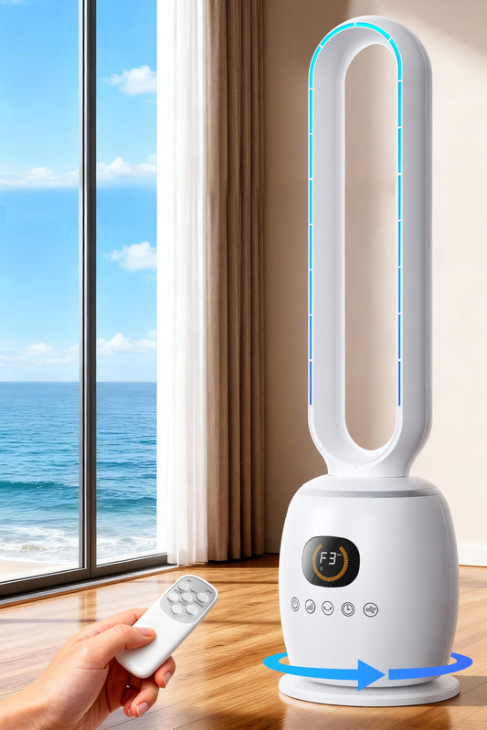 STORM HERO Quiet Oscillating Tower Fan with Remote, Timer, Large Off-White DEMO