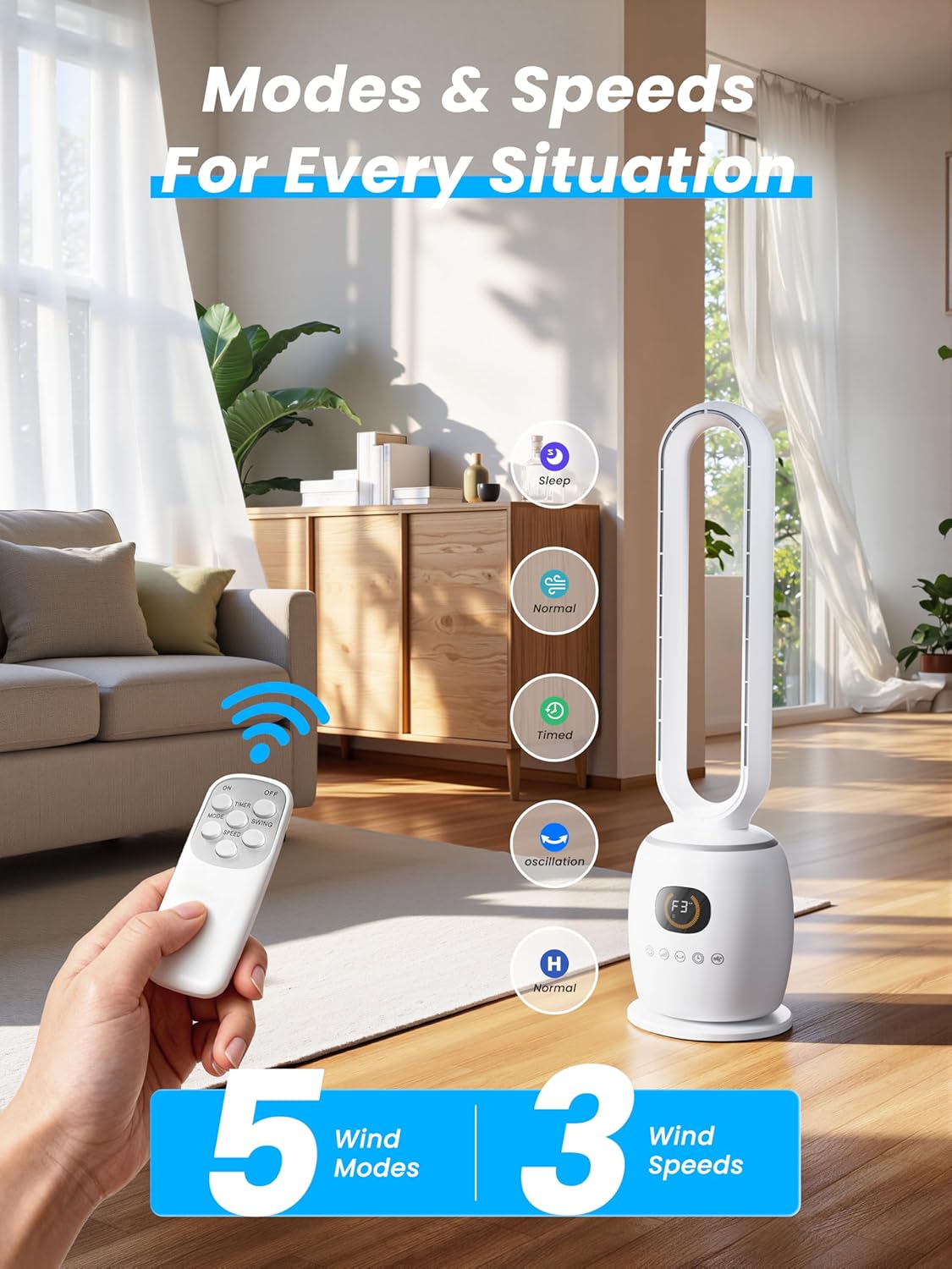 STORM HERO Quiet Oscillating Tower Fan with Remote, Timer, Large Off-White DEMO