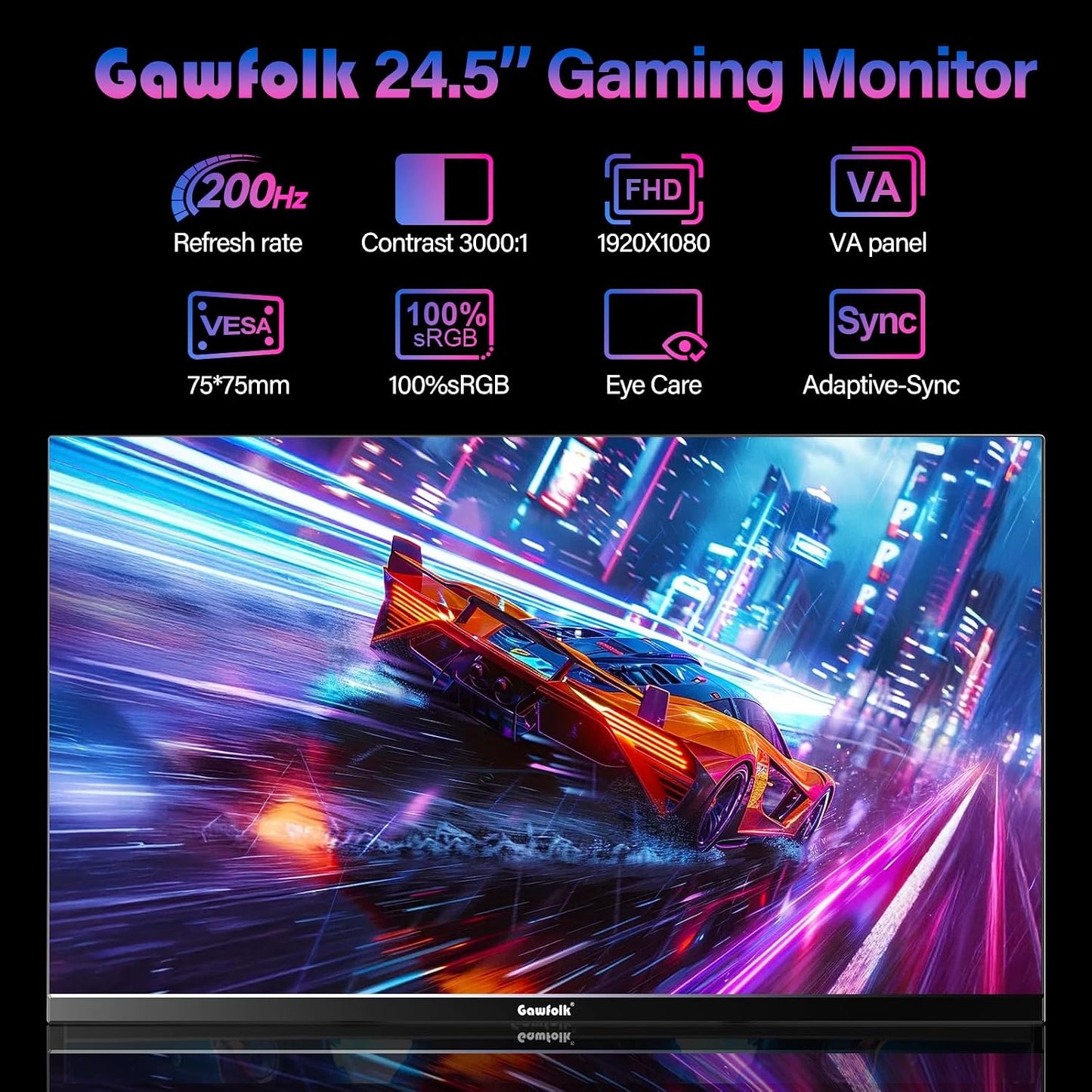 Gawfolk 24.5" Monitors 200Hz FHD 1080P Gaming Monitor with Built-in DEMO