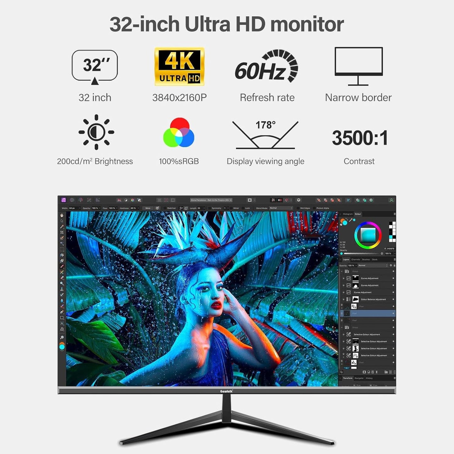 Gawfolk 32 Monitors Inch 4K UHD Computer Monitor with 3840 x 2160p 60Hz VA DEMO