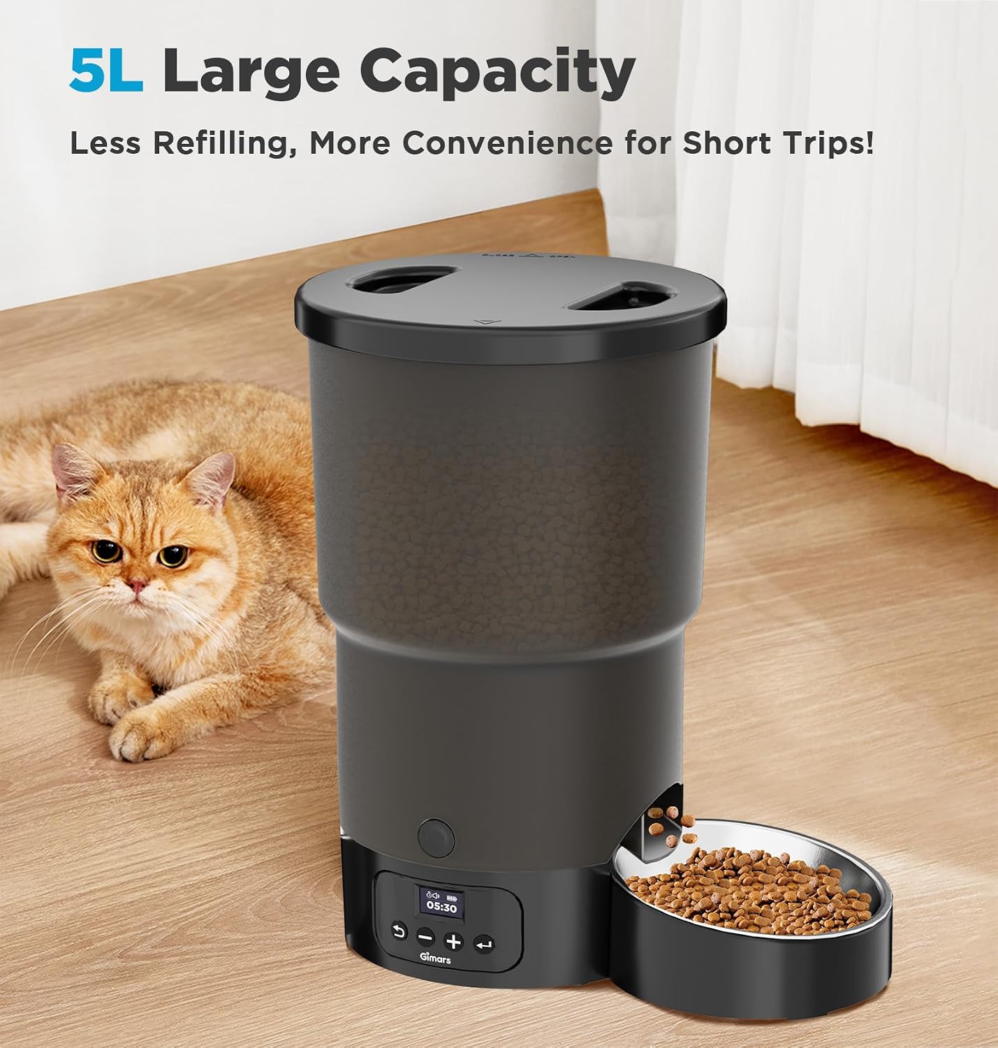 Gimars Automatic Cat Feeder Programmable 1-6 Meals 5L Capacity Black 1 Bowl NEW