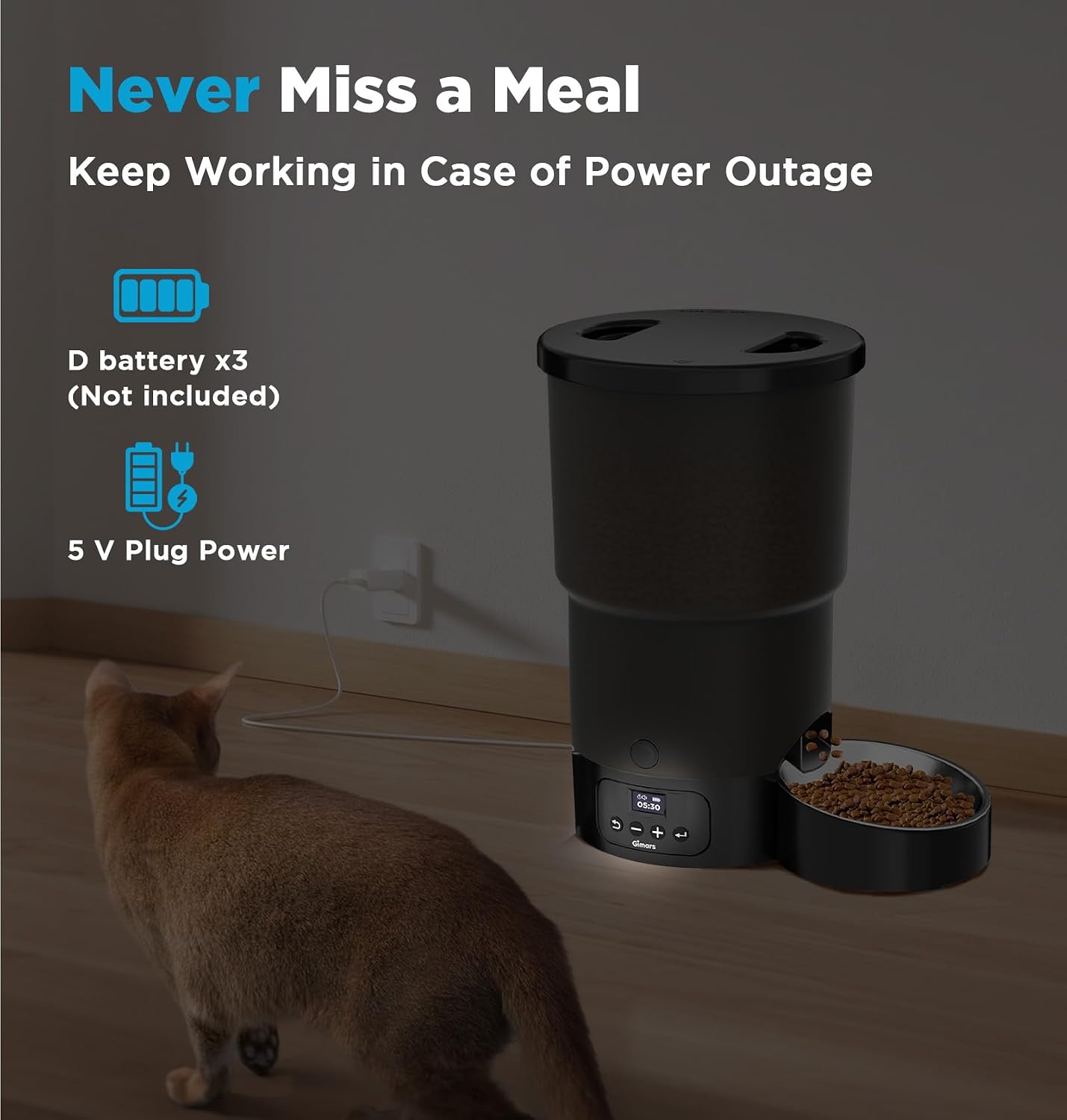 Gimars Automatic Cat Feeder Programmable 1-6 Meals 5L Capacity Black 1 Bowl NEW