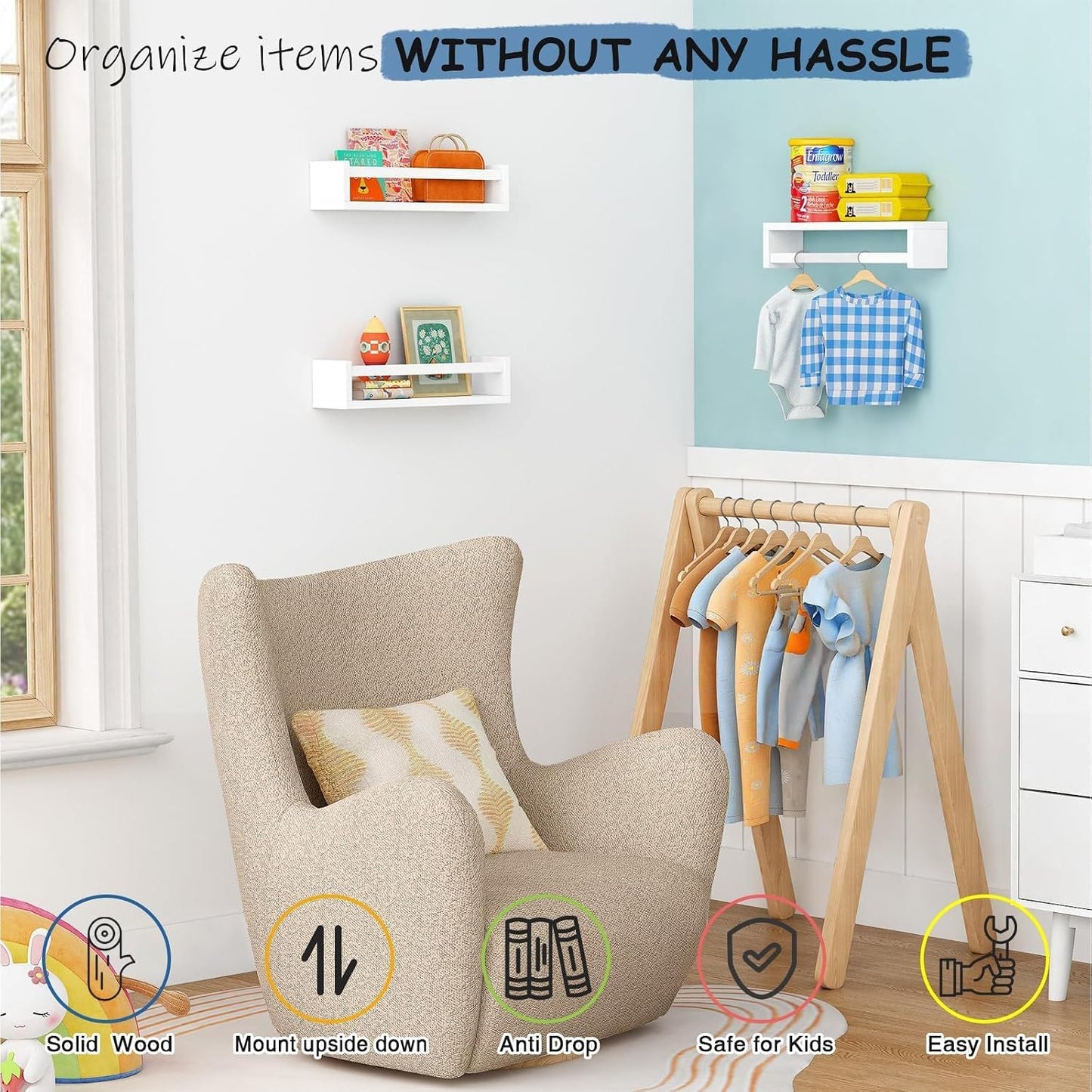 QYINXIU Large Solid Wood Wall Mounted Floating Shelves for Nursery Decor DEMO