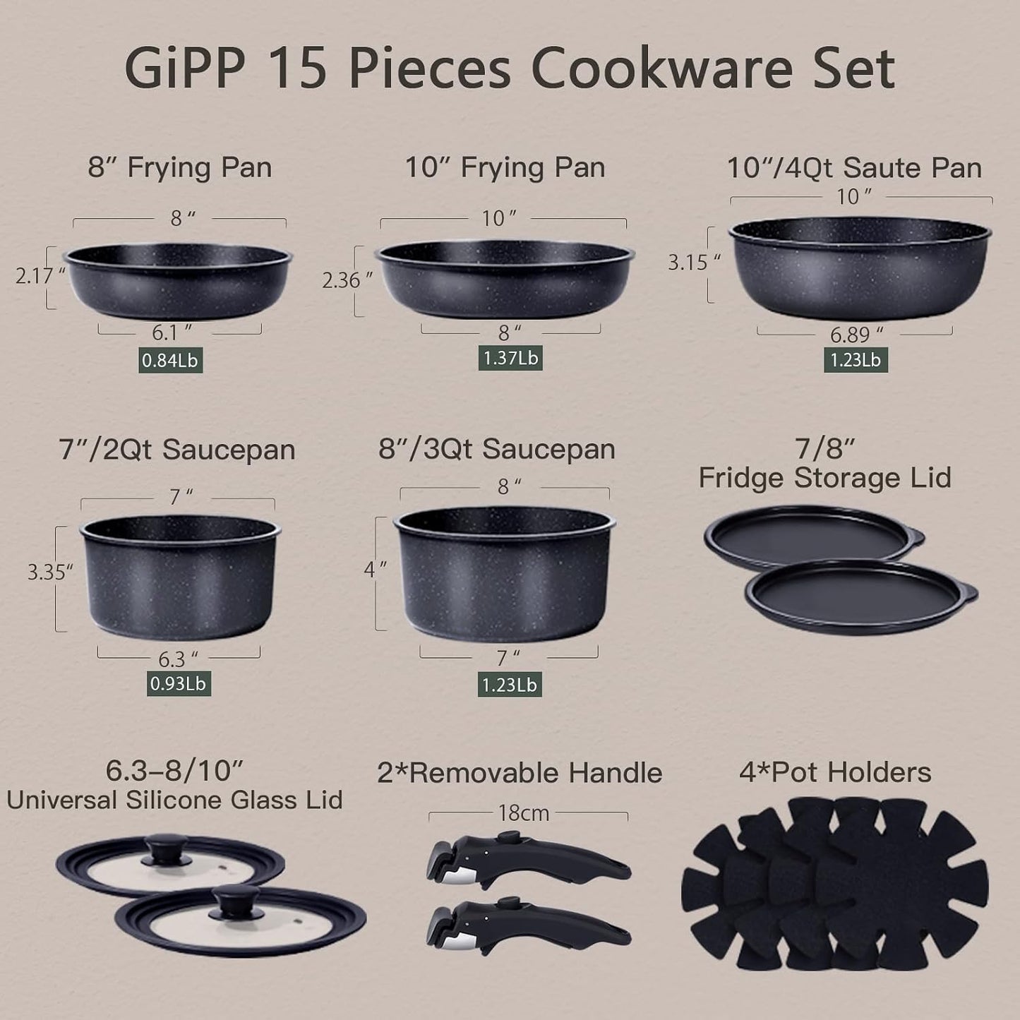 GiPP Ceramic Non-Stick Pot and Pan Set with Detachable Handle, Dark Grey NEW