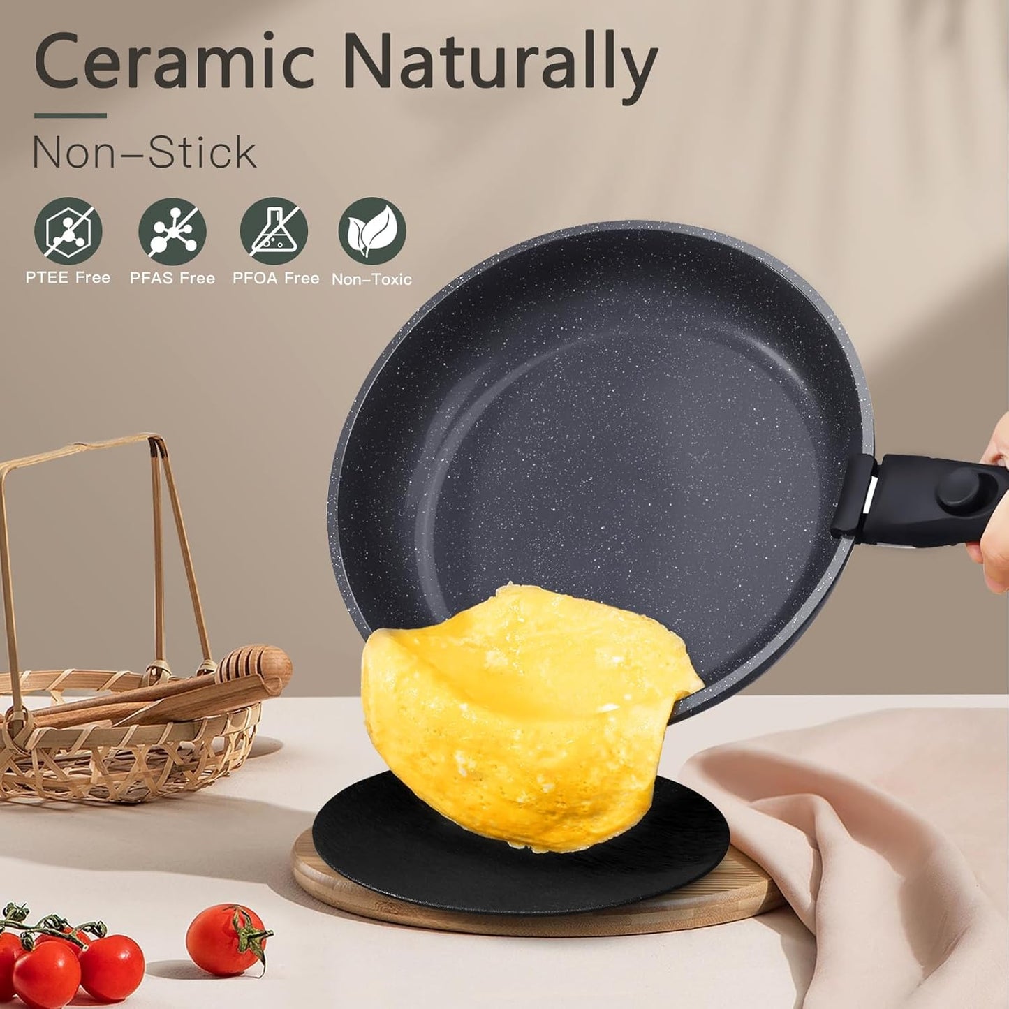 GiPP Ceramic Non-Stick Pot and Pan Set with Detachable Handle, Dark Grey NEW
