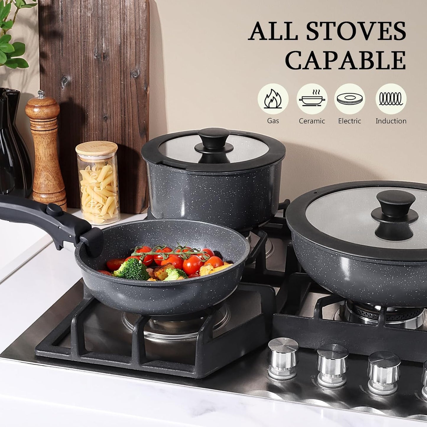 GiPP Ceramic Non-Stick Pot and Pan Set with Detachable Handle, Dark Grey NEW